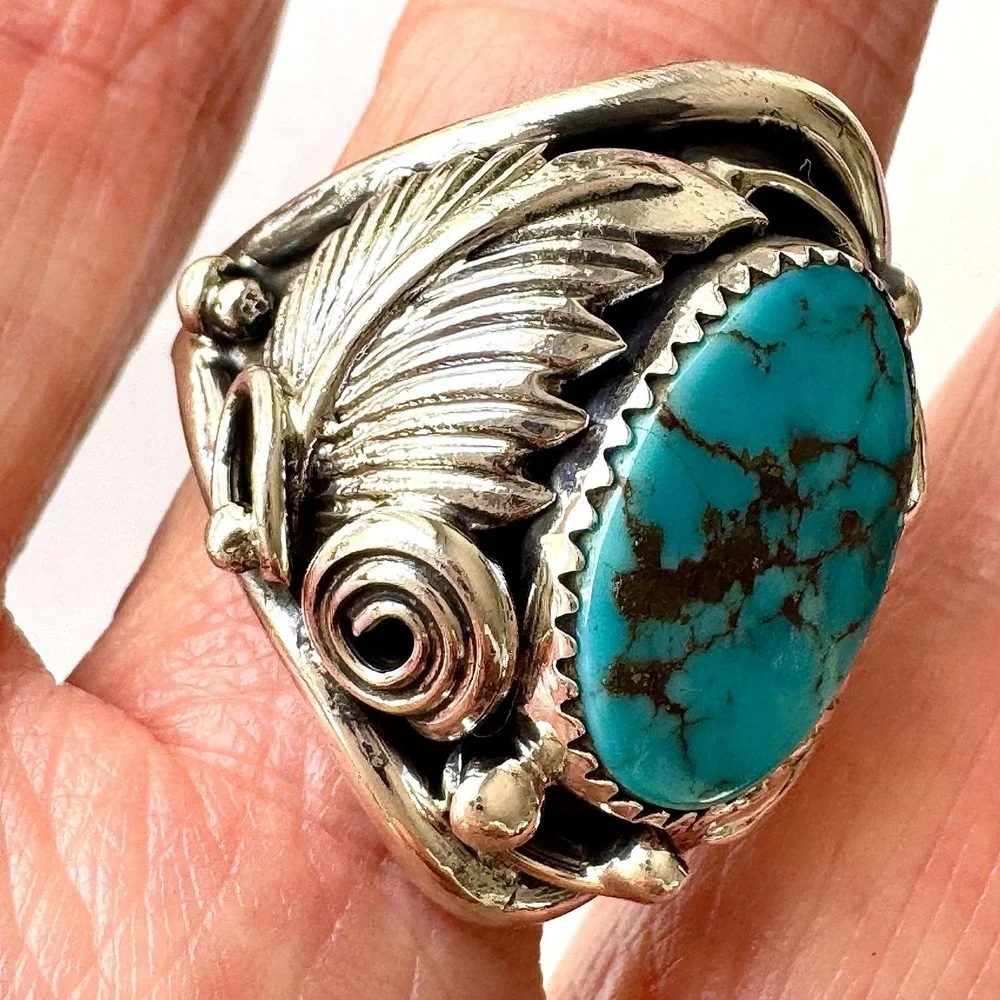 Navajo Turquoise Mens Ring Sz 11 Leaf Feather Signed Morgan Sterling Native Amer